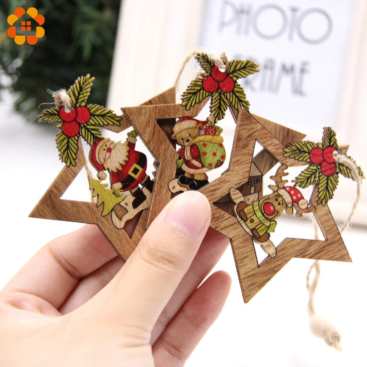 4PCS Christmas Star Wooden Pendants Ornaments Christmas