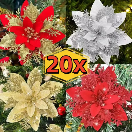 Large Glitter Artificial Christmas Flowers w/Clips Fake Flower
