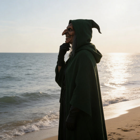 Classic Old Witch Halloween Mask with Flowing Gray Hair