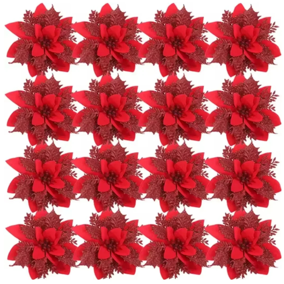 Large Glitter Artificial Christmas Flowers w/Clips Fake Flower