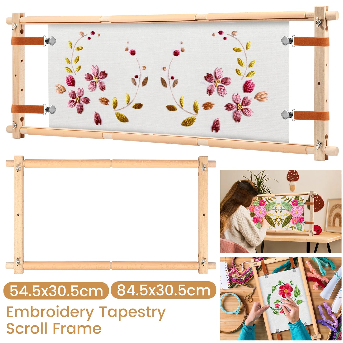 Embroidery Scroll Frame Wooden Cross Stitch Scroll Frame Rotated Adjustable Needlepoint Embroidery Tapestry Scroll Frame