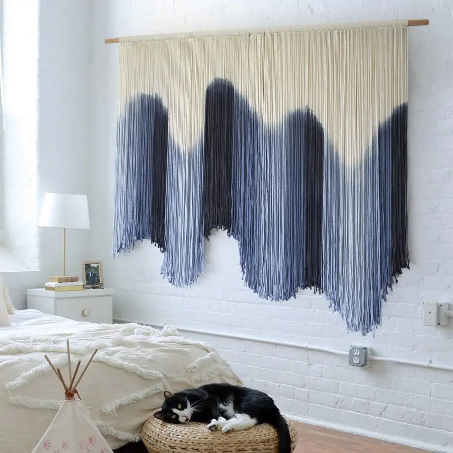 Macrame Wall Hanging Large Blue-Dip Dyed Fiber-Art Tapestry