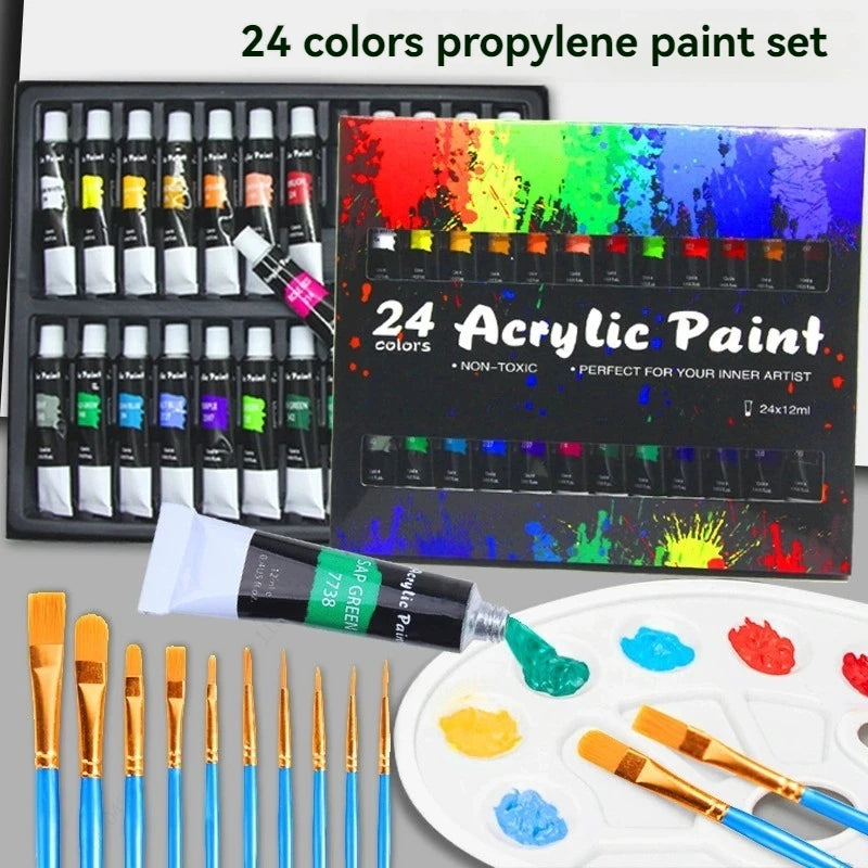 Acrylic Paints Set 24 Colors Professional Brush Set 12ml Tubes Artist Drawing Painting Pigment Hand Painted Wall Paint DIY