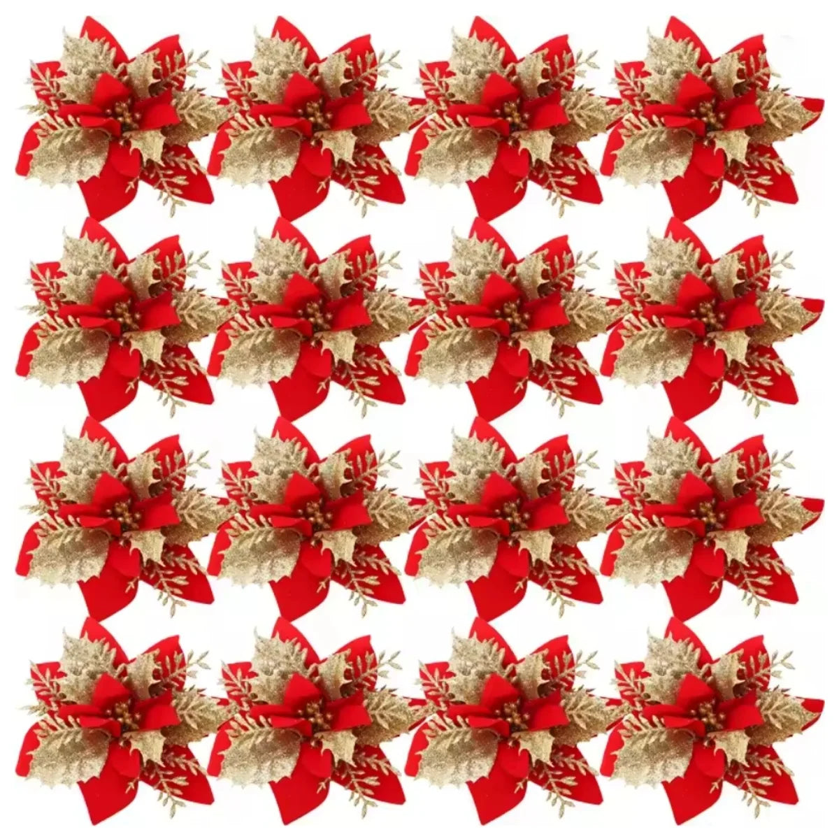 Large Glitter Artificial Christmas Flowers w/Clips Fake Flower