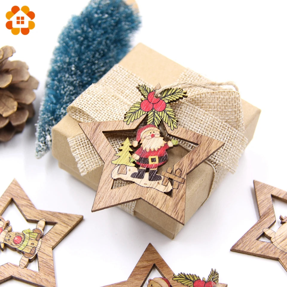 4PCS Christmas Star Wooden Pendants Ornaments Christmas