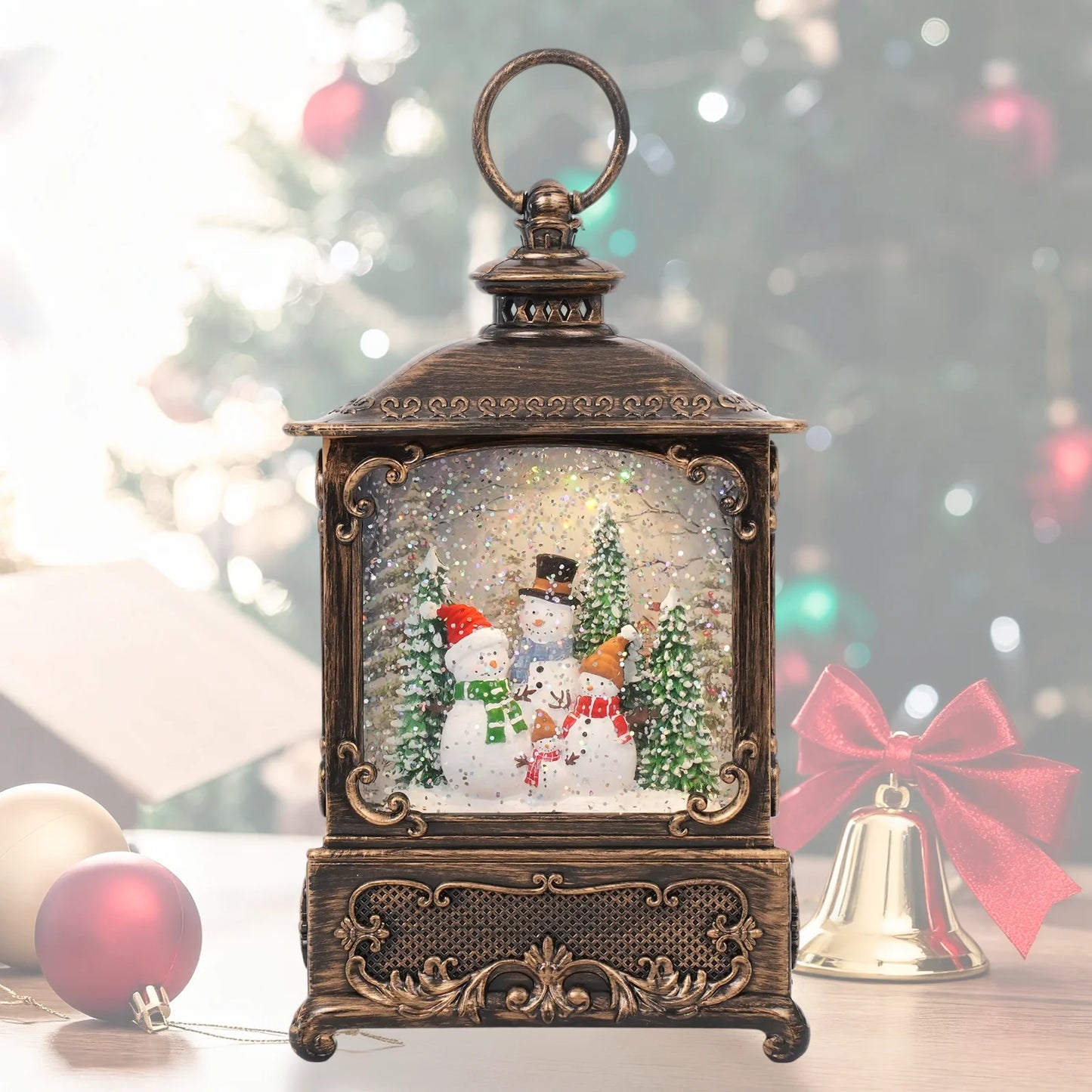 Christmas Music Snow Globe Lantern with LED Light & Falling Snowflake Holiday Melodies Warm White Glow for Christmas Decor Gifts
