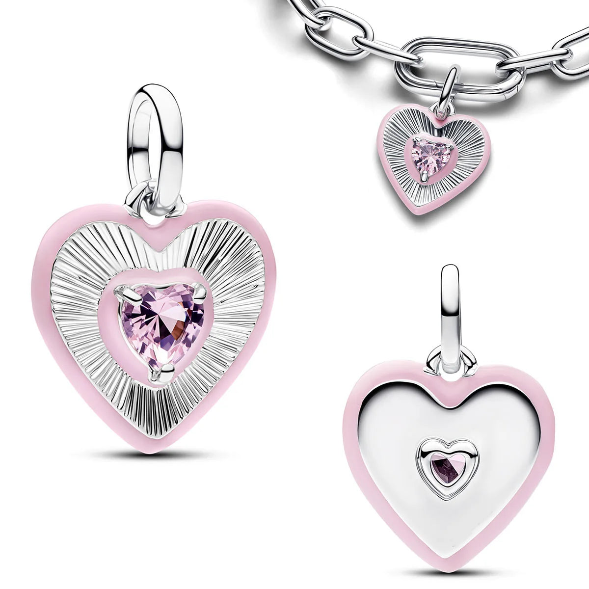 925 Silver Angel Wing Pink Gem Key Charm Pendant