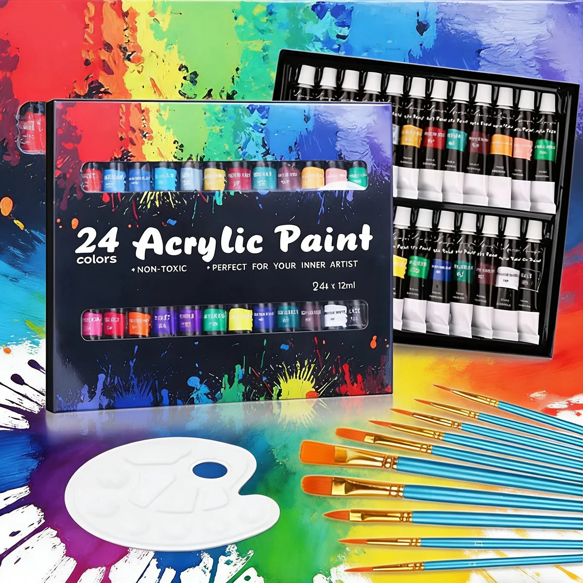 Acrylic Paints Set 24 Colors Professional Brush Set 12ml Tubes Artist Drawing Painting Pigment Hand Painted Wall Paint DIY