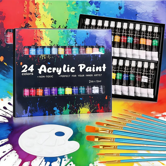 Acrylic Paints Set 24 Colors Professional Brush Set 12ml Tubes Artist Drawing Painting Pigment Hand Painted Wall Paint DIY