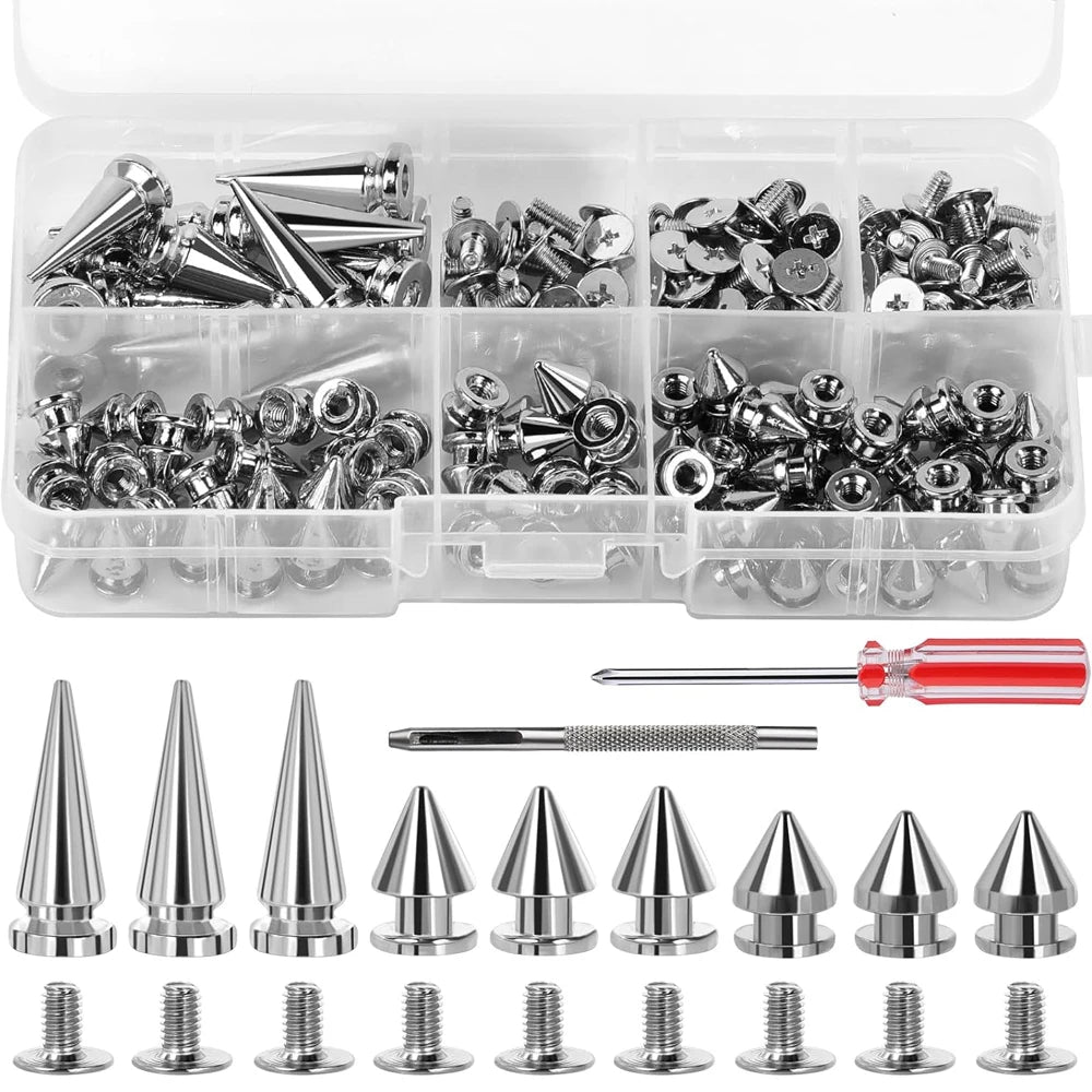 Zxiixz 180Pcs Multiple Sizes Silver Cone Spikes  Studs Rivets