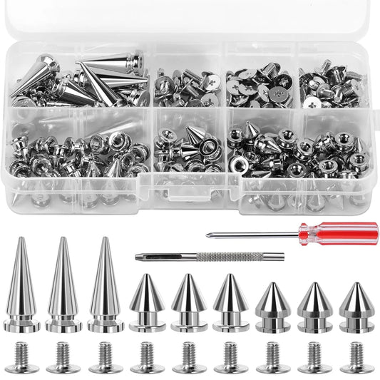 Zxiixz 180Pcs Multiple Sizes Silver Cone Spikes  Studs Rivets