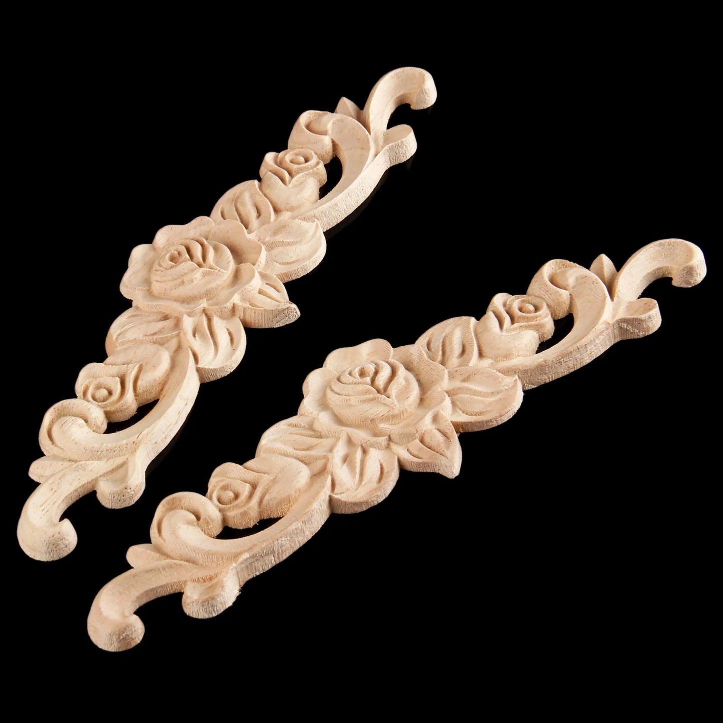 1PC Wood Carved Applique Mouldings Long Onlay Unpainted Rose Flower Door Home Decor Sculptures for Home British Farmhouse Style