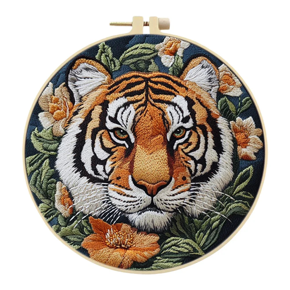 Tiger Stamped Cross Stitch Embroidery Kits with Hoop