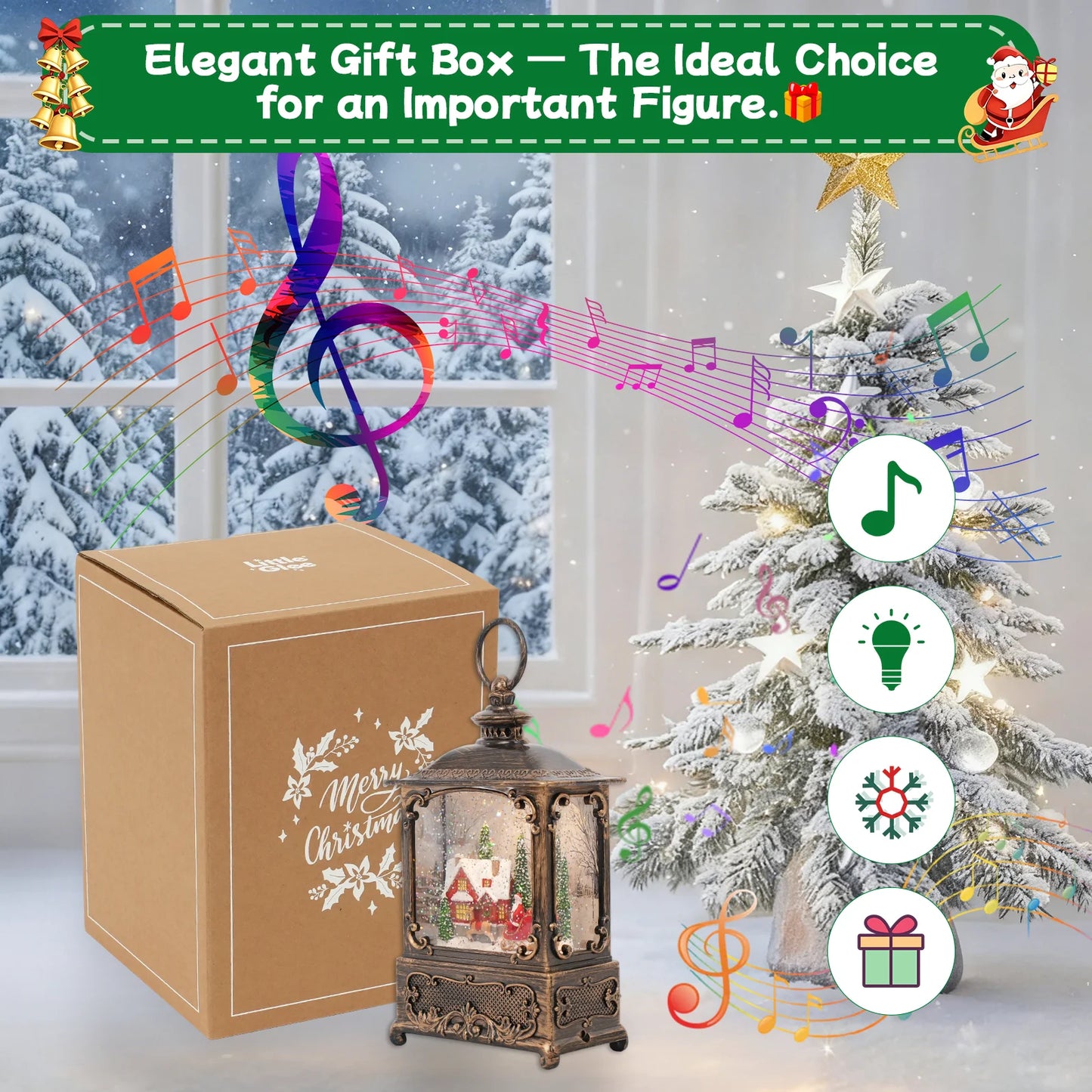 Christmas Music Snow Globe Lantern with LED Light & Falling Snowflake Holiday Melodies Warm White Glow for Christmas Decor Gifts