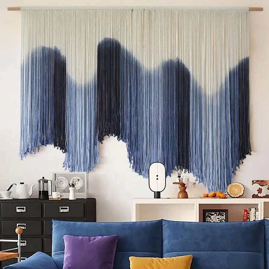 Macrame Wall Hanging Large Blue-Dip Dyed Fiber-Art Tapestry