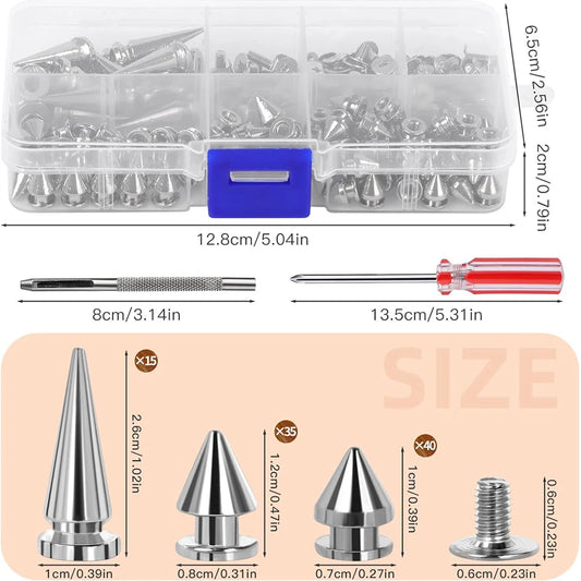 Zxiixz 180Pcs Multiple Sizes Silver Cone Spikes  Studs Rivets