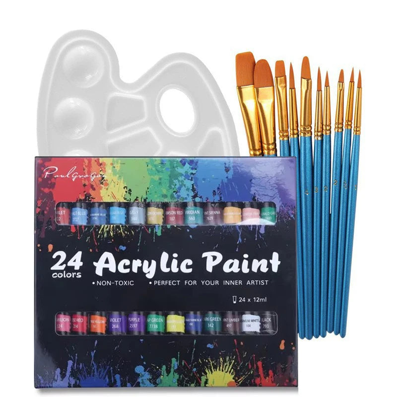 Acrylic Paints Set 24 Colors Professional Brush Set 12ml Tubes Artist Drawing Painting Pigment Hand Painted Wall Paint DIY
