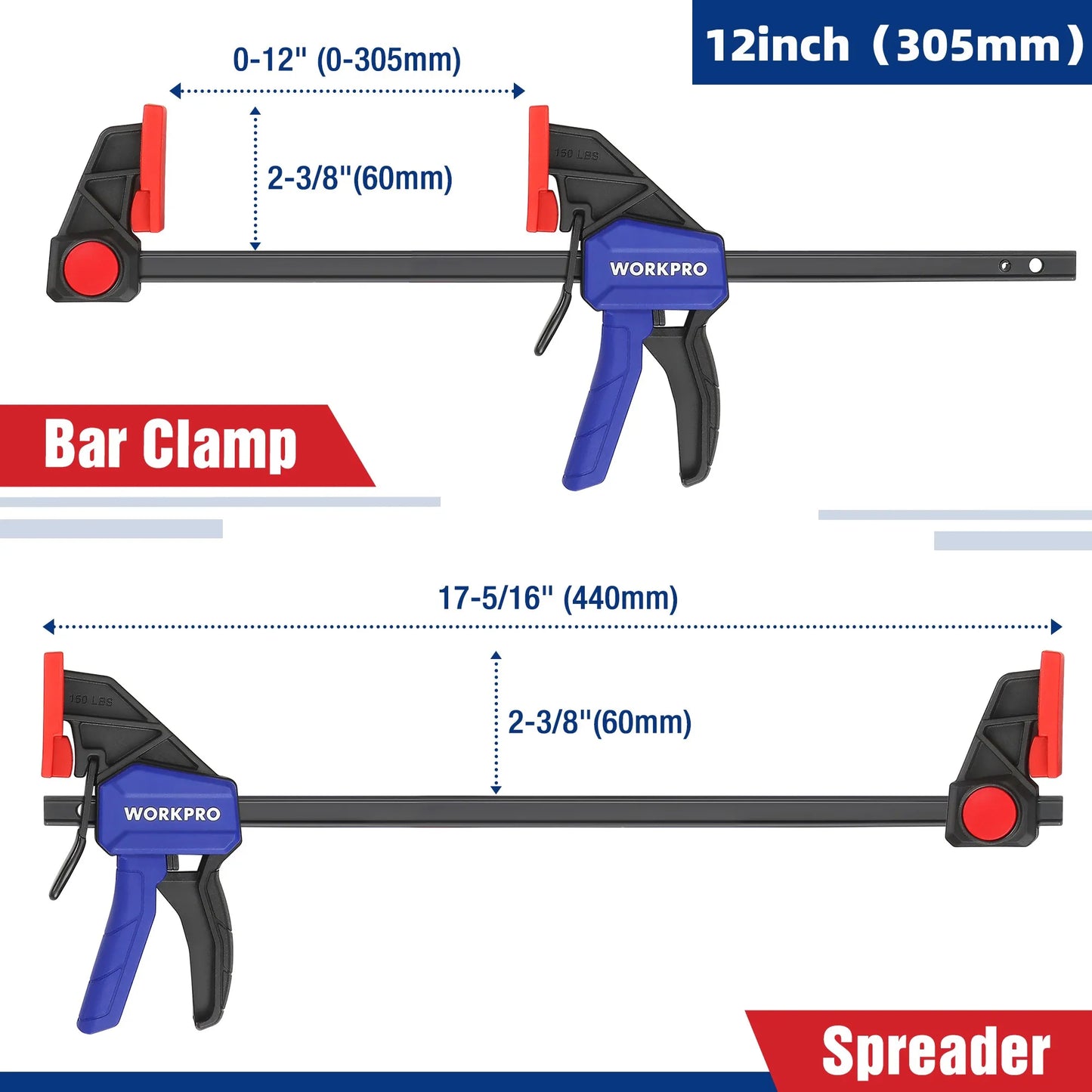 WORKPRO Bar Clamps for Woodworking One-Handed Clamp/Spreader