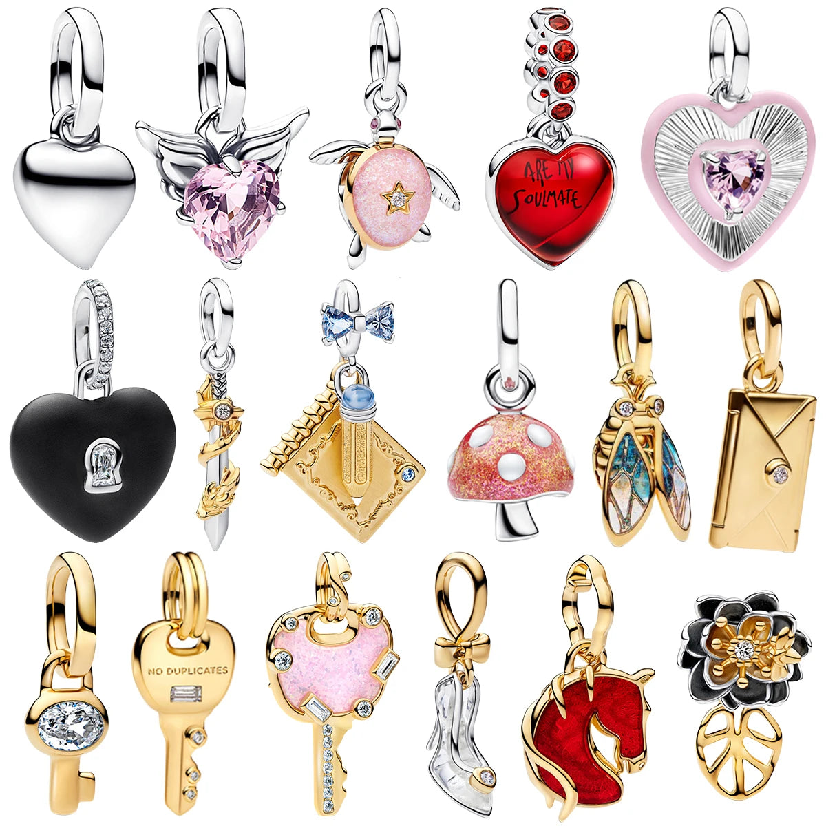 925 Silver Angel Wing Pink Gem Key Charm Pendant