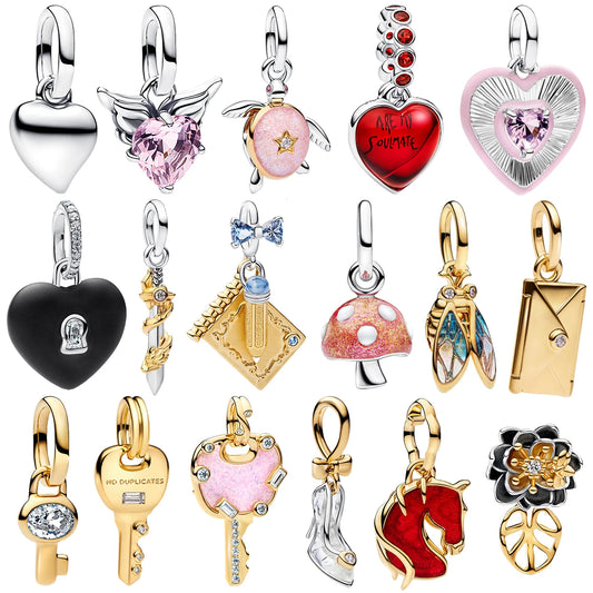 925 Silver Angel Wing Pink Gem Key Charm Pendant