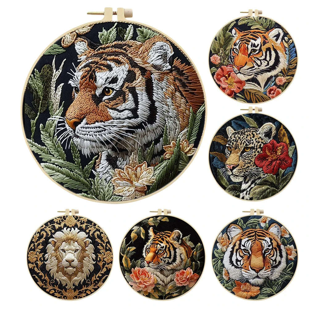 Tiger Stamped Cross Stitch Embroidery Kits with Hoop