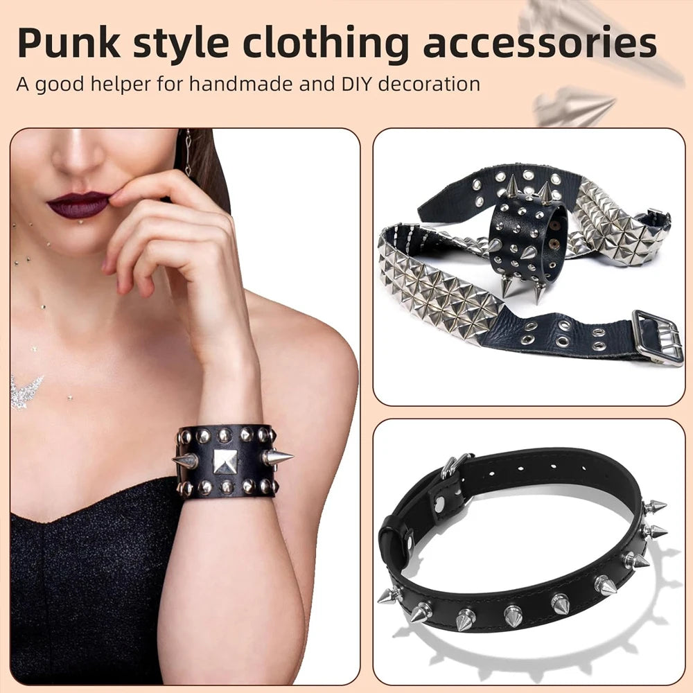 Zxiixz 180Pcs Multiple Sizes Silver Cone Spikes  Studs Rivets