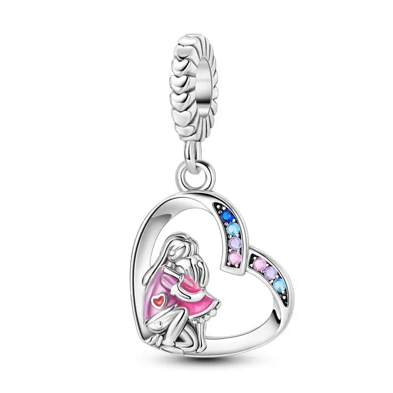 925 Silver Angel Wing Pink Gem Key Charm Pendant
