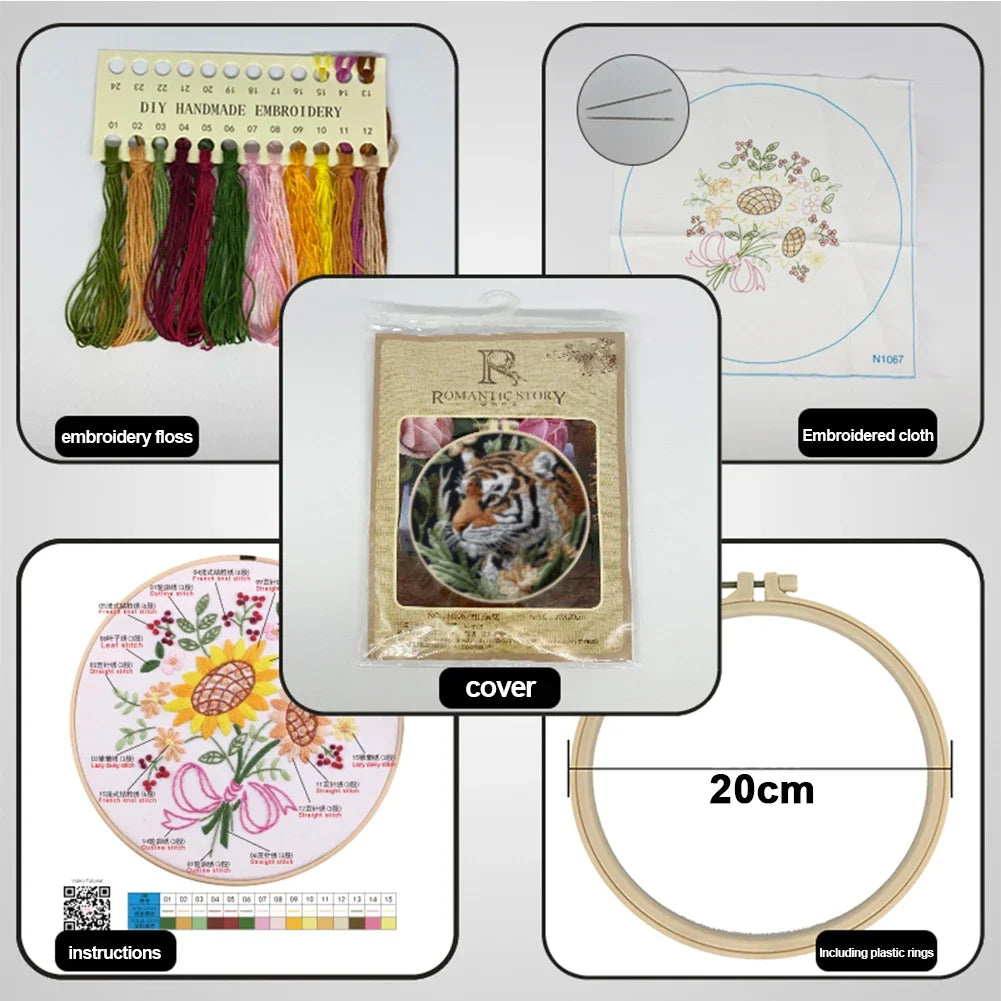 Tiger Stamped Cross Stitch Embroidery Kits with Hoop