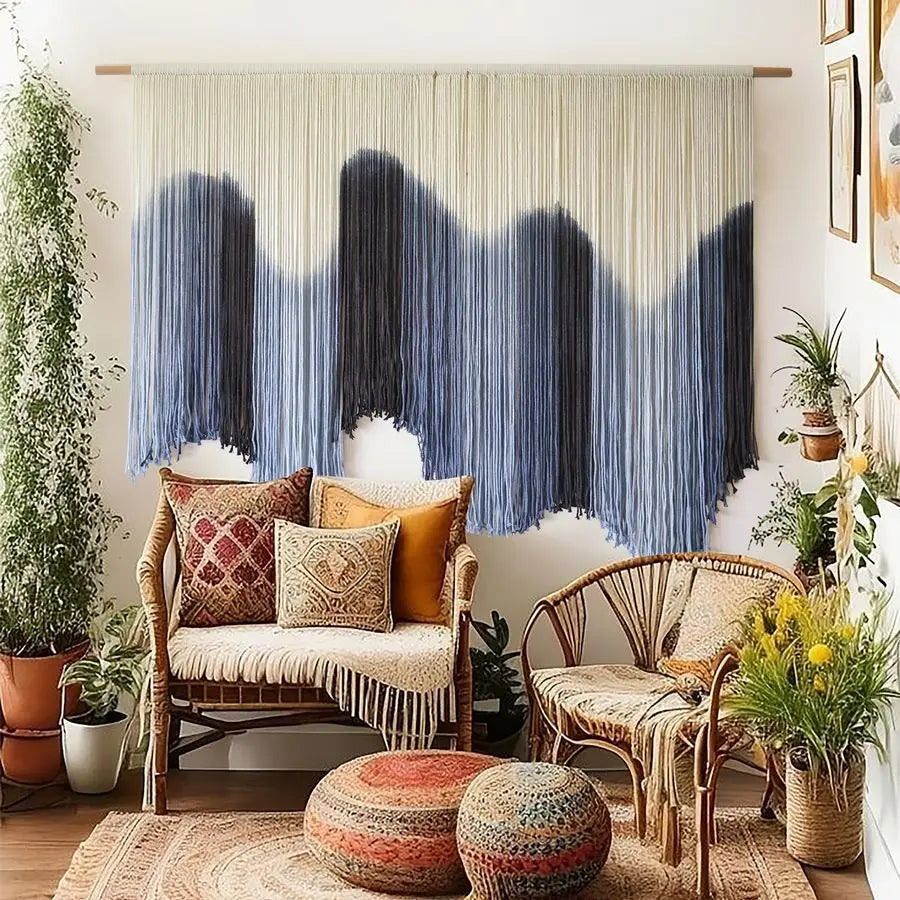 Macrame Wall Hanging Large Blue-Dip Dyed Fiber-Art Tapestry