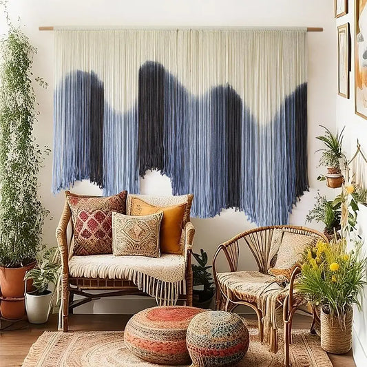 Macrame Wall Hanging Large Blue-Dip Dyed Fiber-Art Tapestry