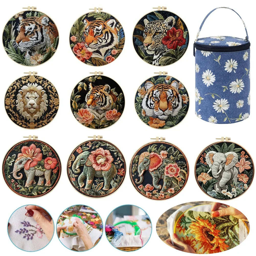 Tiger Stamped Cross Stitch Embroidery Kits with Hoop