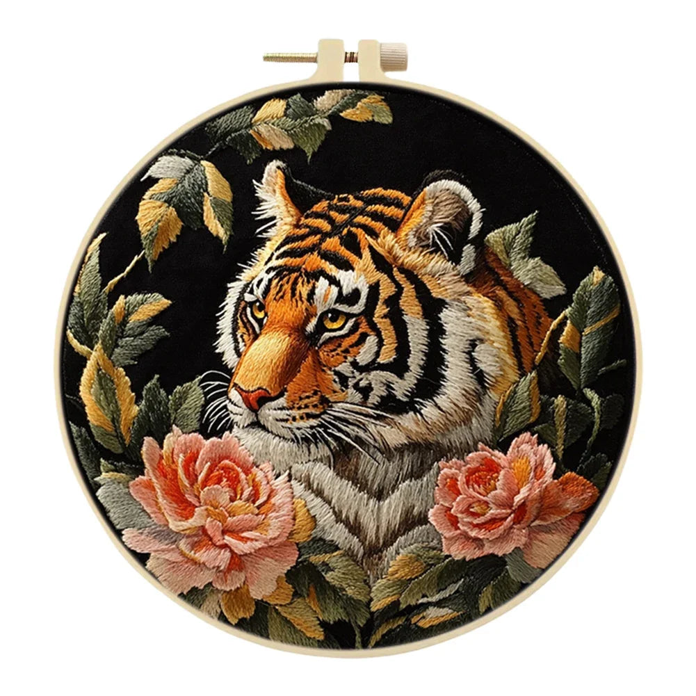 Tiger Stamped Cross Stitch Embroidery Kits with Hoop
