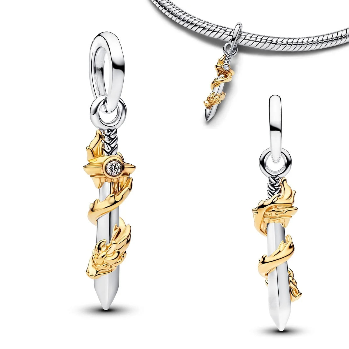 925 Silver Angel Wing Pink Gem Key Charm Pendant