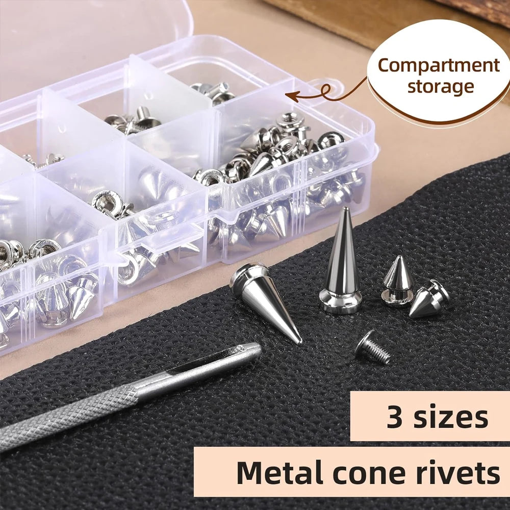 Zxiixz 180Pcs Multiple Sizes Silver Cone Spikes  Studs Rivets