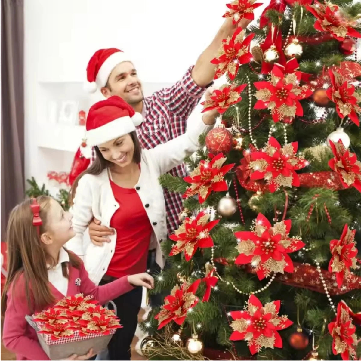 Large Glitter Artificial Christmas Flowers w/Clips Fake Flower