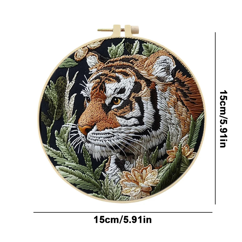 Tiger Stamped Cross Stitch Embroidery Kits with Hoop