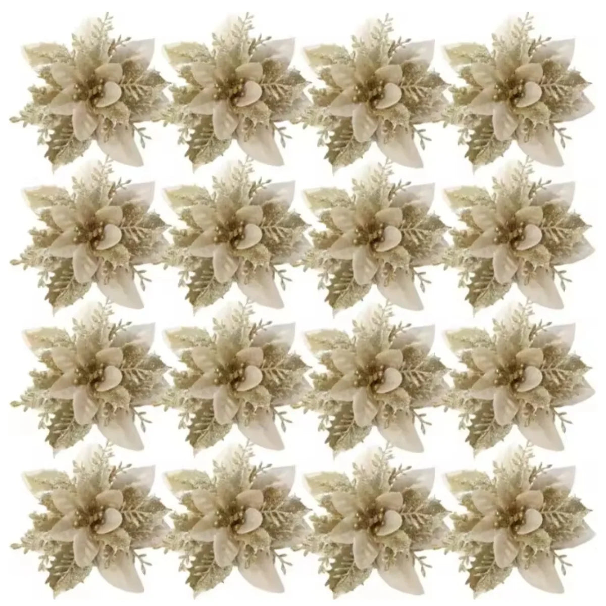 Large Glitter Artificial Christmas Flowers w/Clips Fake Flower