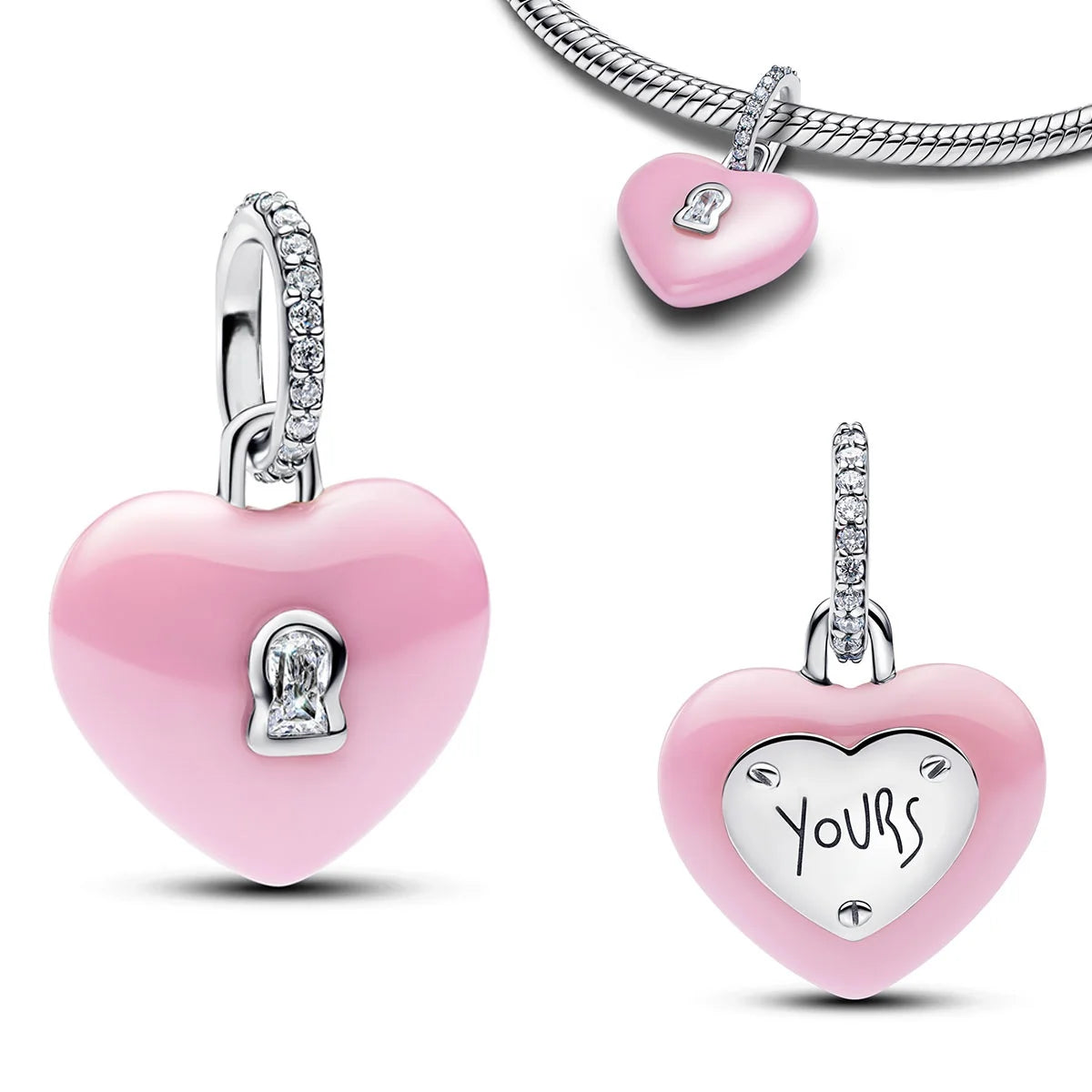 925 Silver Angel Wing Pink Gem Key Charm Pendant