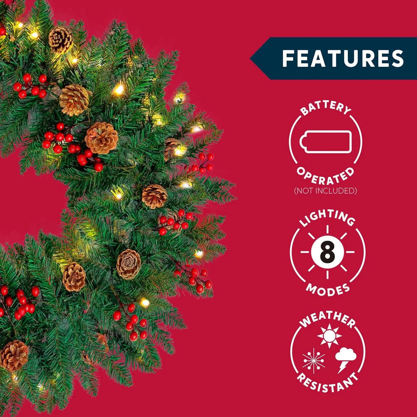 JOYFY 9Ft Artificial Christmas Garland LED Lights 27