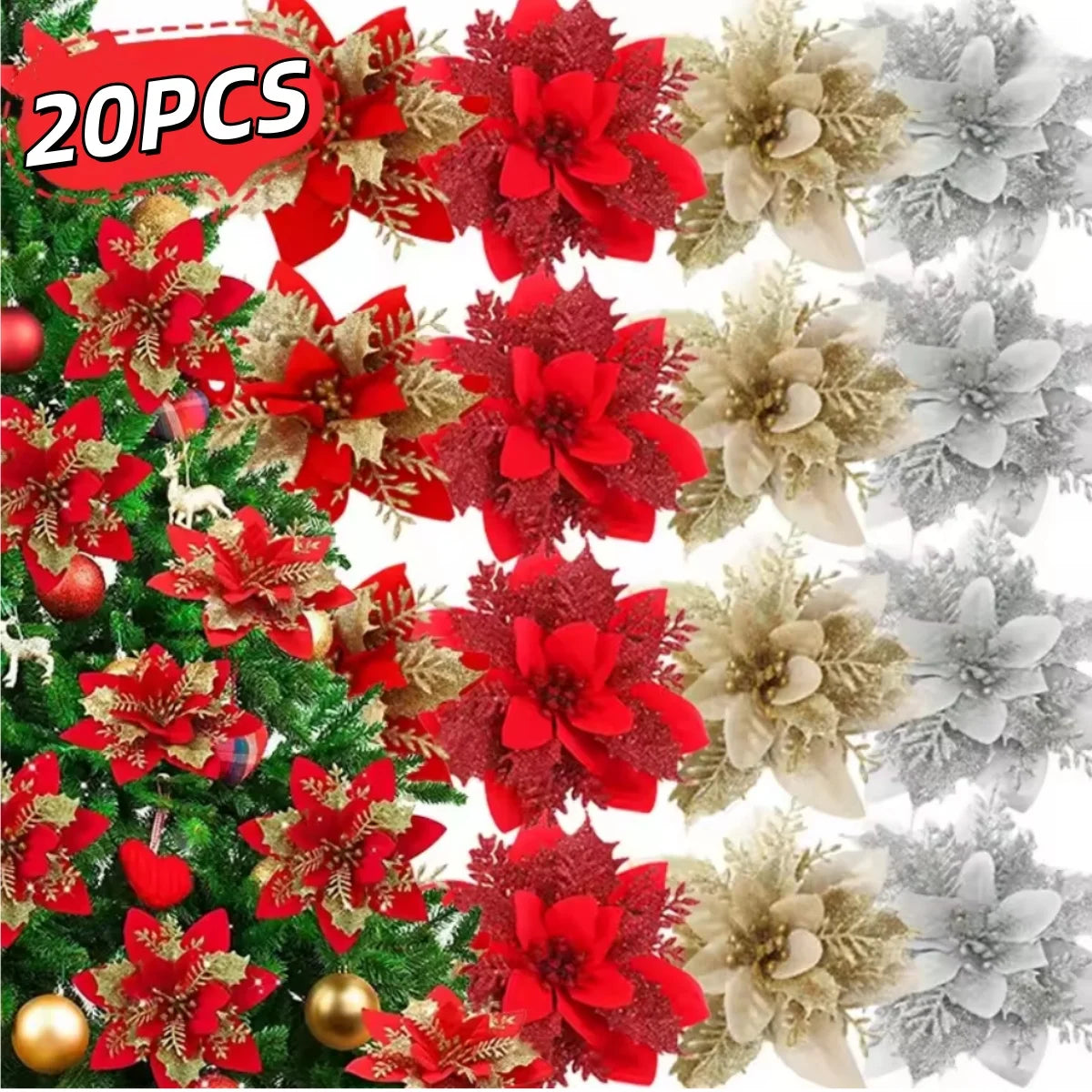 Large Glitter Artificial Christmas Flowers w/Clips Fake Flower