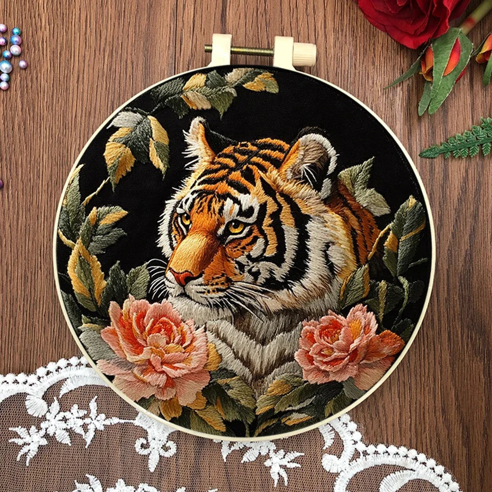 Tiger Stamped Cross Stitch Embroidery Kits with Hoop