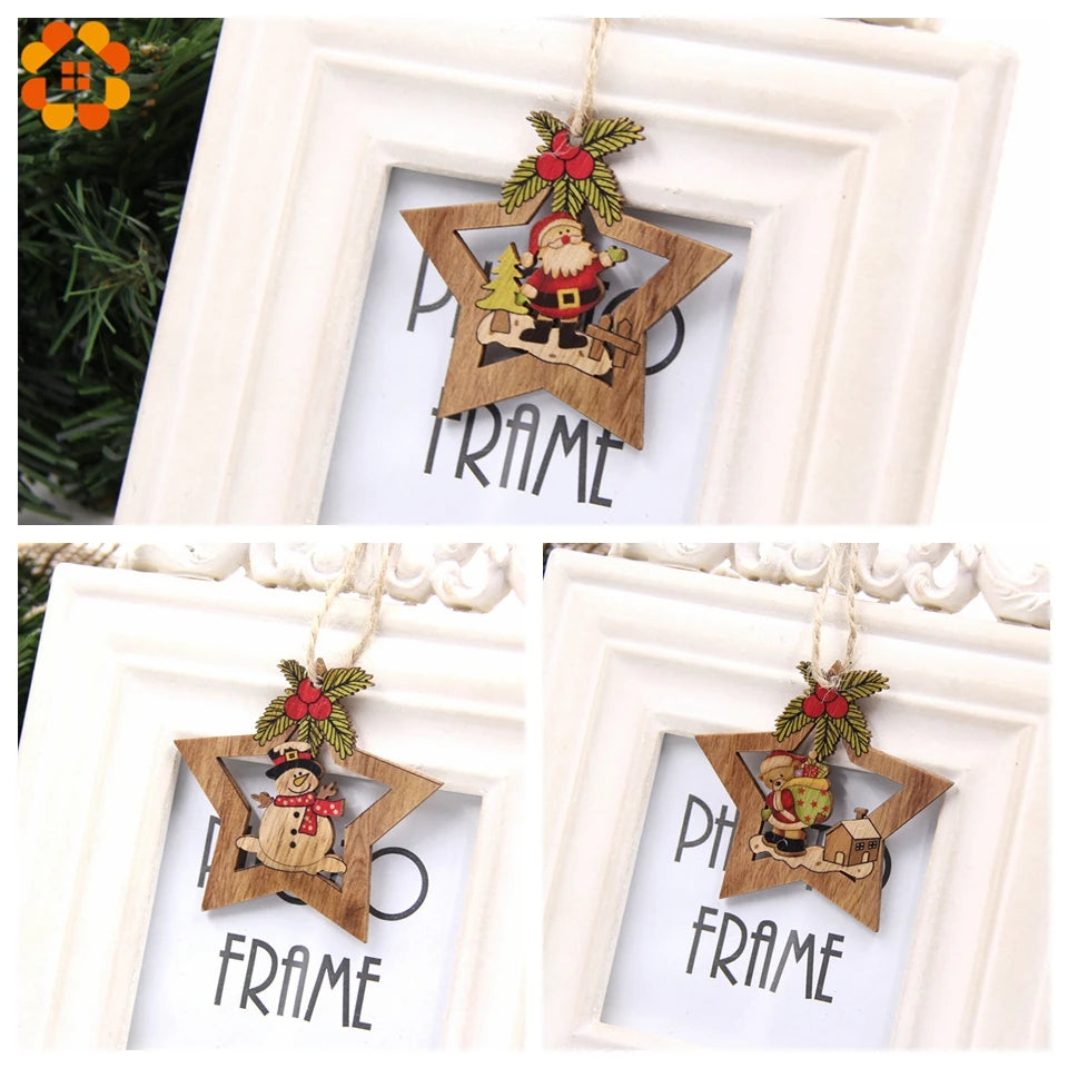4PCS Christmas Star Wooden Pendants Ornaments Christmas
