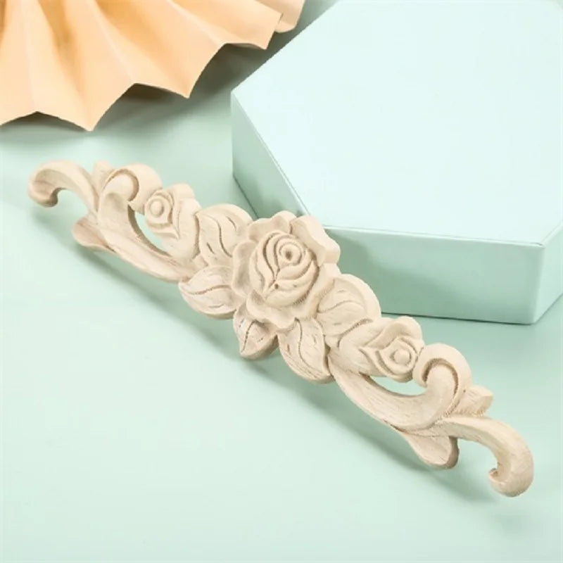 1PC Wood Carved Applique Mouldings Long Onlay Unpainted Rose Flower Door Home Decor Sculptures for Home British Farmhouse Style