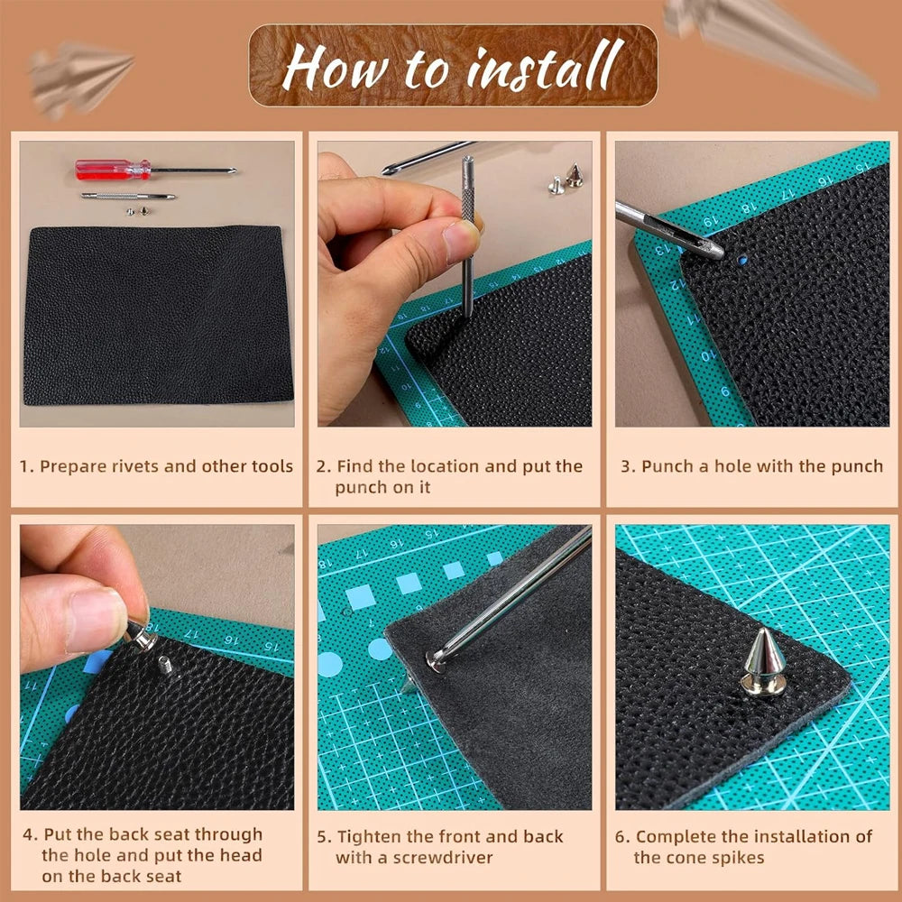 Zxiixz 180Pcs Multiple Sizes Silver Cone Spikes  Studs Rivets