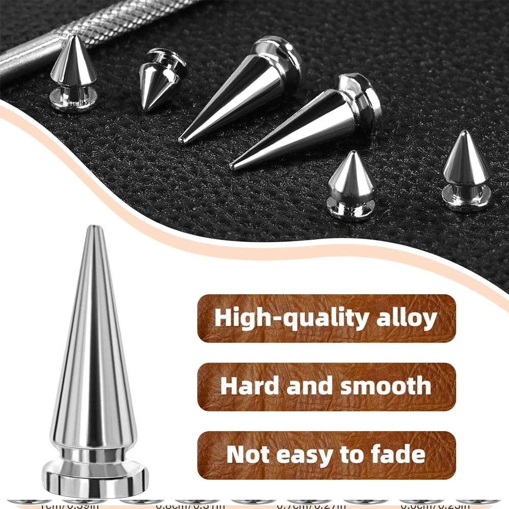 Zxiixz 180Pcs Multiple Sizes Silver Cone Spikes  Studs Rivets