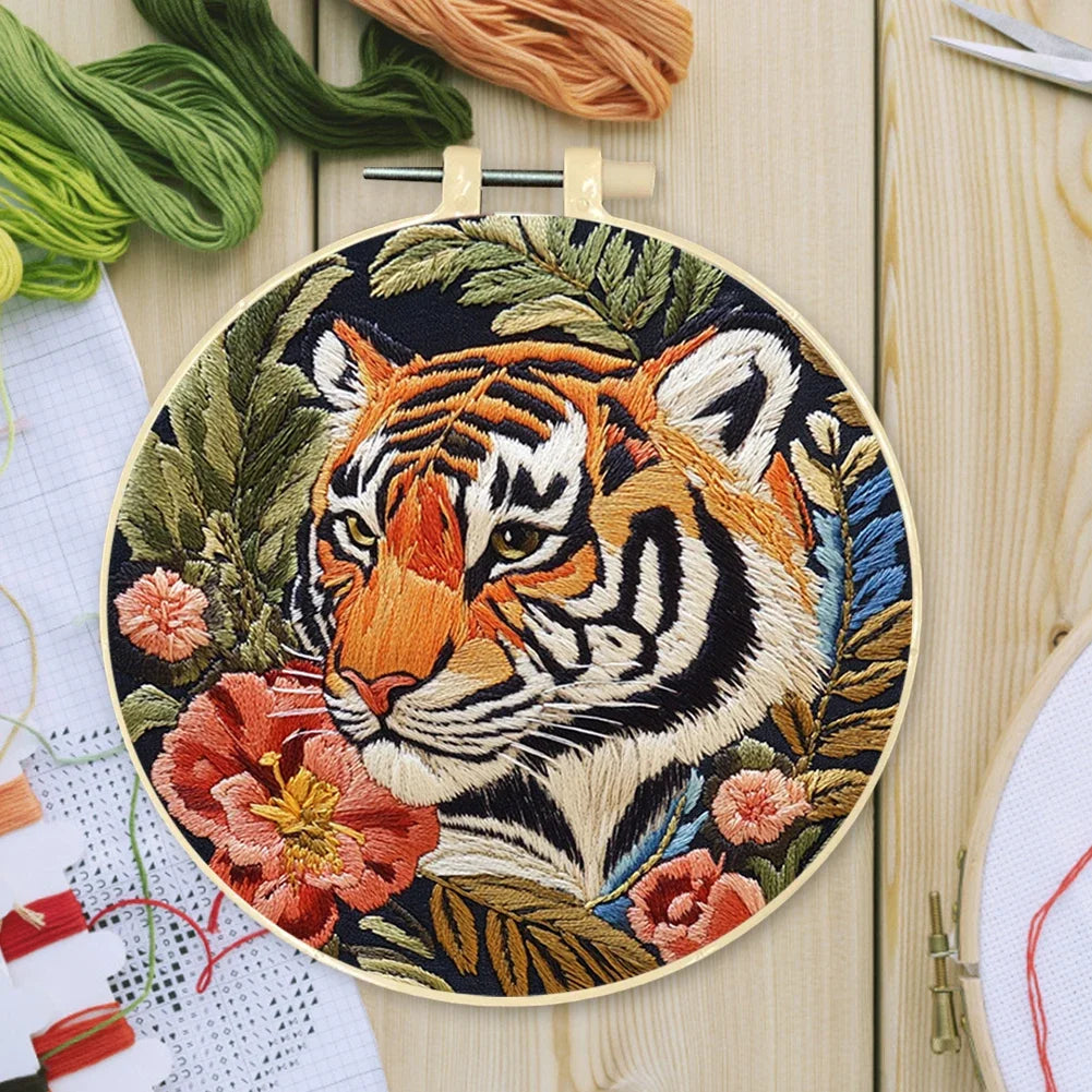 Tiger Stamped Cross Stitch Embroidery Kits with Hoop