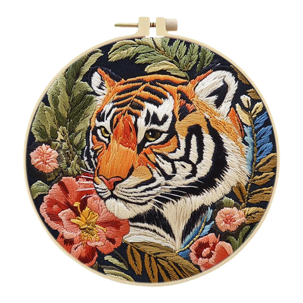 Tiger Stamped Cross Stitch Embroidery Kits with Hoop
