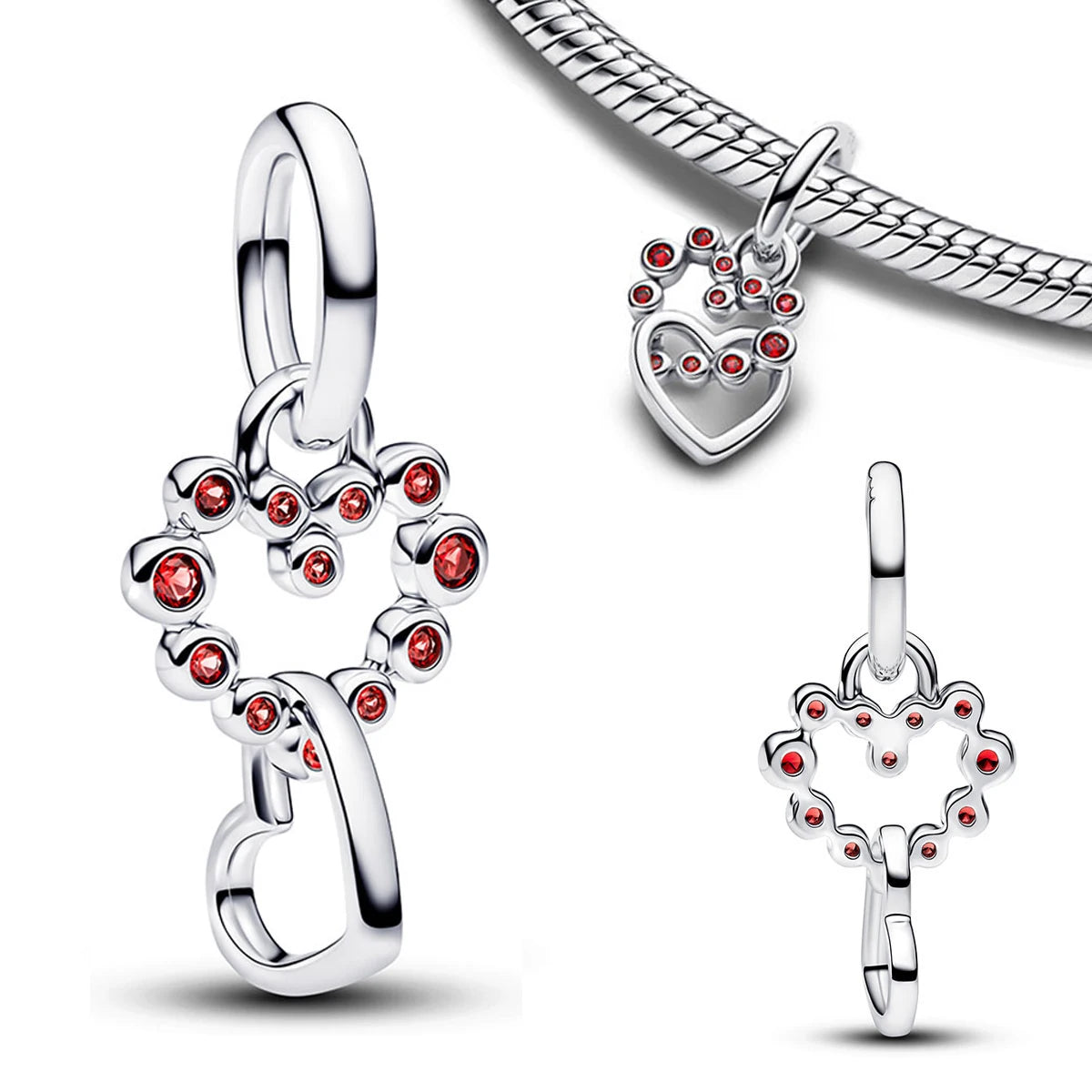 925 Silver Angel Wing Pink Gem Key Charm Pendant