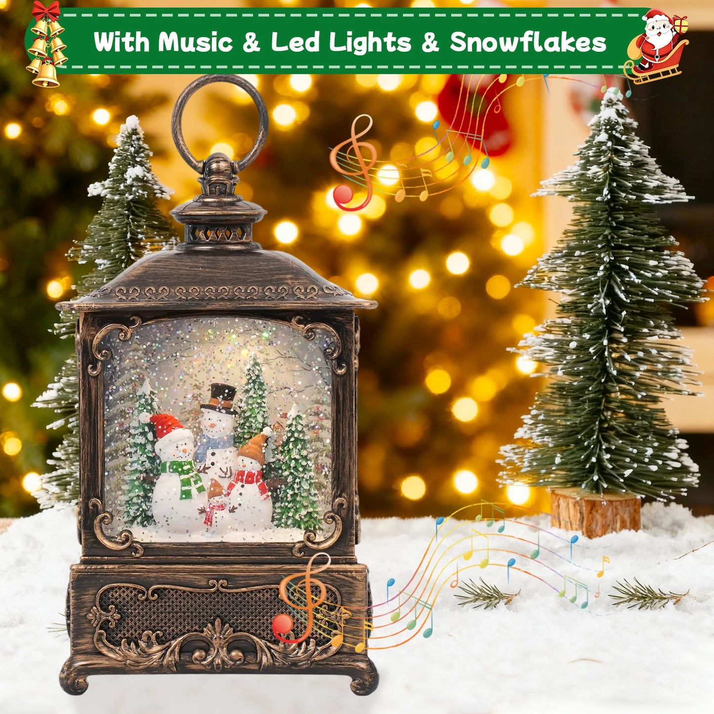 Christmas Music Snow Globe Lantern with LED Light & Falling Snowflake Holiday Melodies Warm White Glow for Christmas Decor Gifts