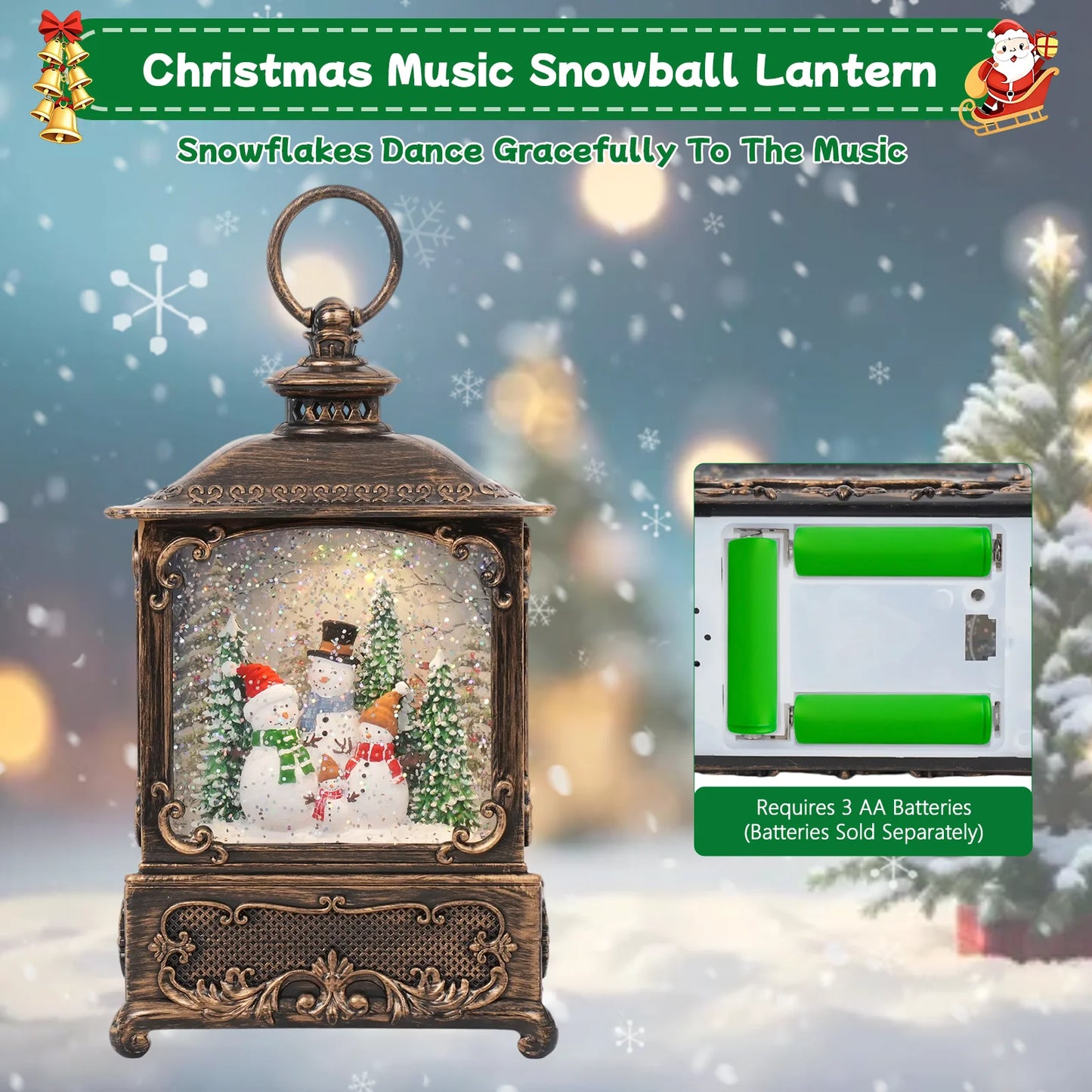 Christmas Music Snow Globe Lantern with LED Light & Falling Snowflake Holiday Melodies Warm White Glow for Christmas Decor Gifts